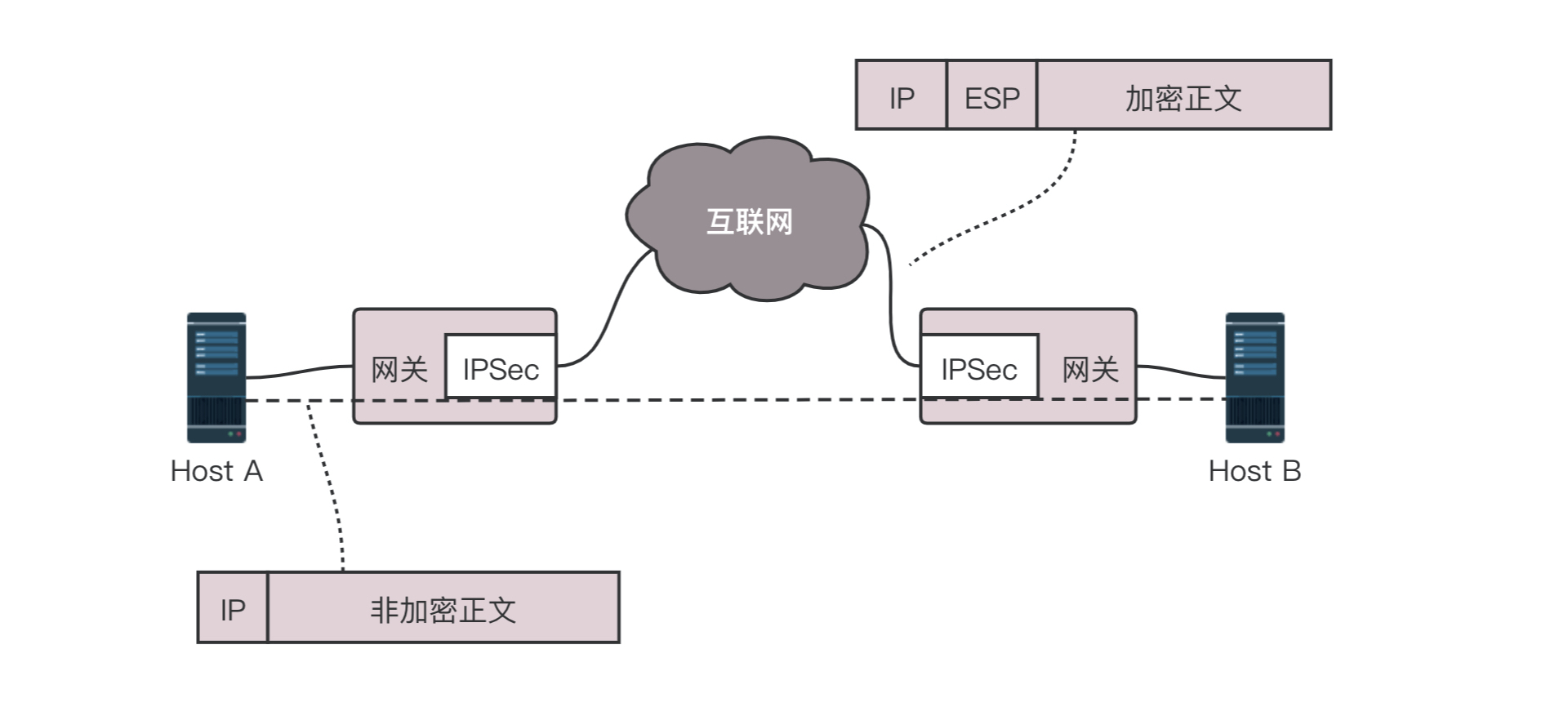 客户端发送的明文的 IP 包,都会被加上 ESP 头和 IP 头,在公网上传输